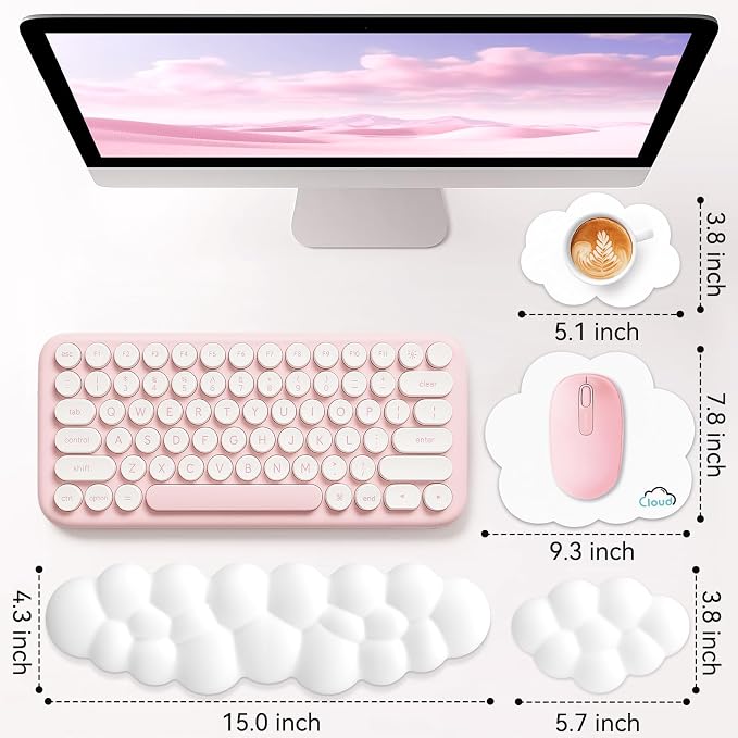Sushret Cloud Wrist Rest for Computer Keyboard, 4-in-1 Memory Foam Leather Cloud Keyboard Wrist Rest and Mouse Pad Set with Ergonomic Support for Arm and Palm Cushion, Gaming/Work Setup, White