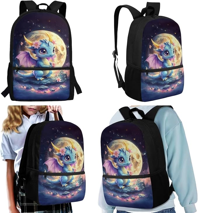 WELLFLYHOM Moon Dragon Elementary School Backpack for Girls, Cute 4PCS Set Backpack with Lunch Box for Kids 6-11, 17 Inch Bookbag with Adjustable Strap for All Day School