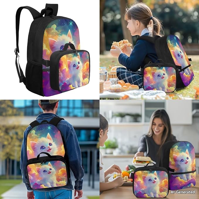 Doojoayie Cat Backapack for Girls 4-6 6-8 Trendy School Backpack for Teen Girls Colorful Cloud Bookbag with Lunch Box, Water Bottle Holder, Pencil Case Heavy Duty School Bags Set of 4