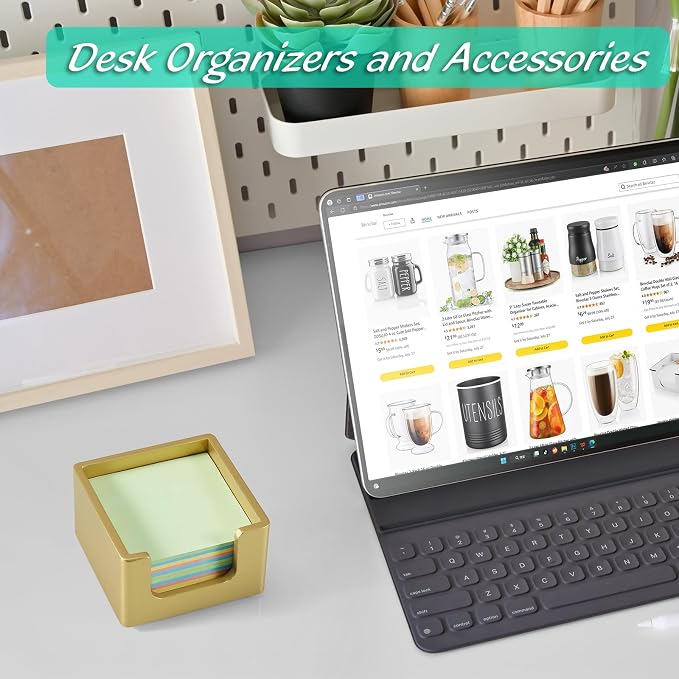 Wood Sticky Note Holder, 3 x 3 Inch Post It Note Dispenser for Office Desk Accessories, Self Stick Note Pad Holder, Memo Pad Holder Dispenser Organizer for School Office Desk Supplies, Gold