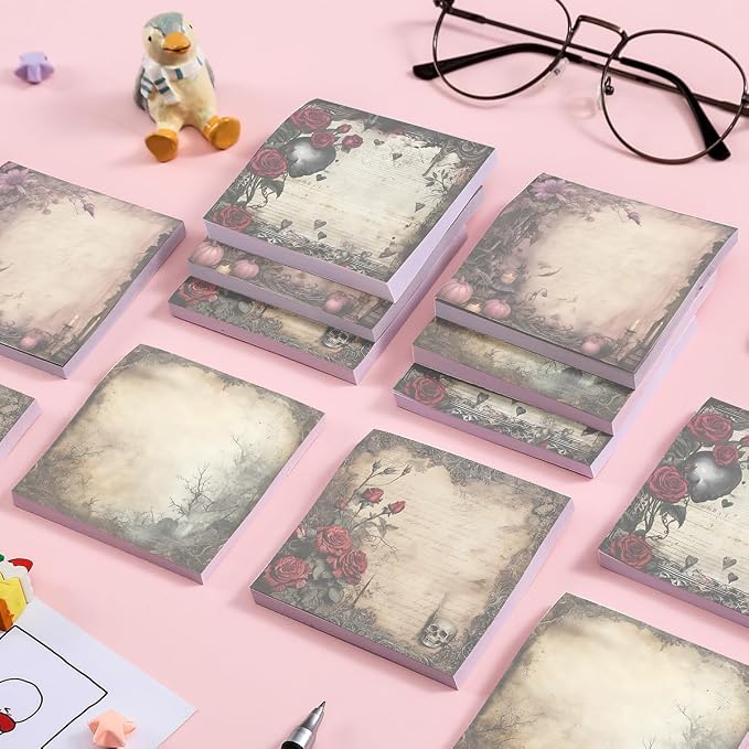 4-Pads 3x3 Sticky Notes, Vintage Memo Pads with High-Adhesive, Self-Stick Notes, Reusable & Tearable for Journal Planners Office School Home, Retro Stationery Gift - Gothic Rose
