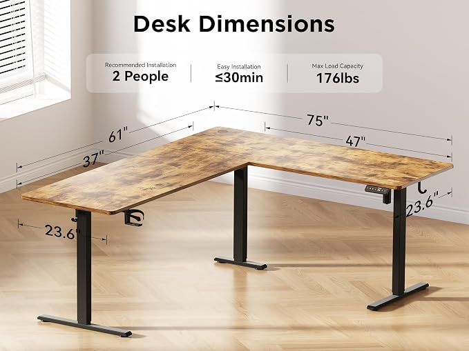 WALKINGDESK 75x61 Inches Reversible L Shaped Standing Desk Height Adjustable with Cup Holder, Electric Corner Computer Workstation for Home Office, Ergonomic Sit Stand up Gaming Desk, Rustic Brown