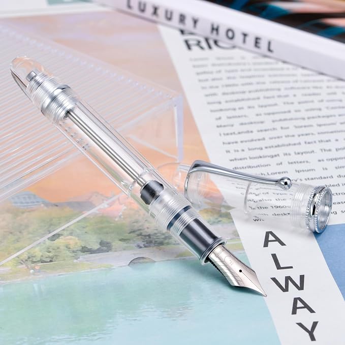 Asvine V800 Fountain Pen - Vacuum Filling System with Large Ink Capacity - Smooth Number 8 Extra Fine Nib with Gift Case and Wrench - Clear Silver Acrylic