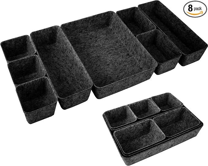 Desk Drawer Organizer Bins, 8pcs Felt Shallow Bathroom Storage Trays, Office Accessories & Workspace Organizers Jewelry & Makeup Boxes Containers(Black)