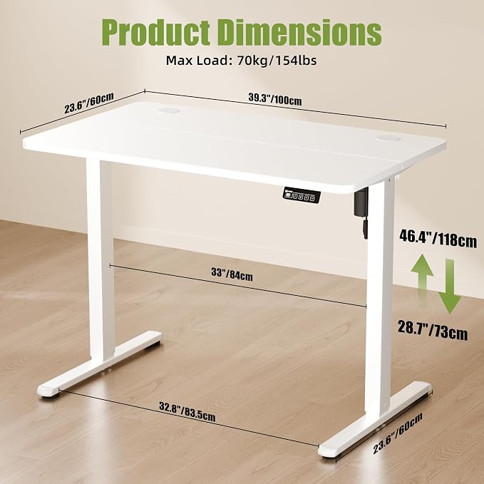 ERGOMAKER 40"x24" Standing Desk, Height Adjustable Sit-Stand Office, White | Electric Adjustable Standing Desk, Sit to Stand Computer Office Desk with Splice Board, Memory Preset, Lifts 28.7''-46.5"