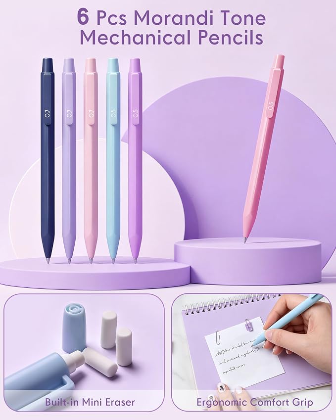 XKDOUS 23PCS Aesthetic School Supplies, Mechanical Pencils 0.5 & 0.7mm with 240 Lead Refills, Pastel Highlighters, Transparent Sticky Notes Stationary Set for Planning, Journaling and Back to School
