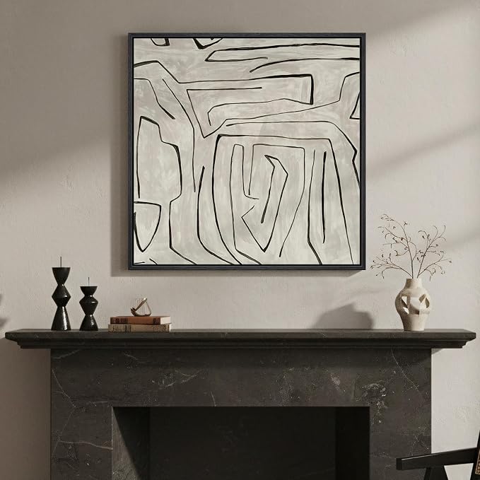 Framed Black and Beige Neutral Abstract Wall Art, Square Modern Canvas Prints Painting Artwork for Walls, Minimalist Abstract Line Picture for Bedroom Dining Lounge Living Room Wall Decor 24x24 In