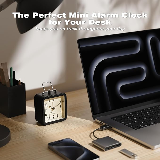 AYRELY® Small Metal Alarm Clock, Desk and Table Clock for Travel | Battery Operated Retro Silent Clock with Light for Bedroom, Bedside, Shelf and Living Room Decor (Matte Black)