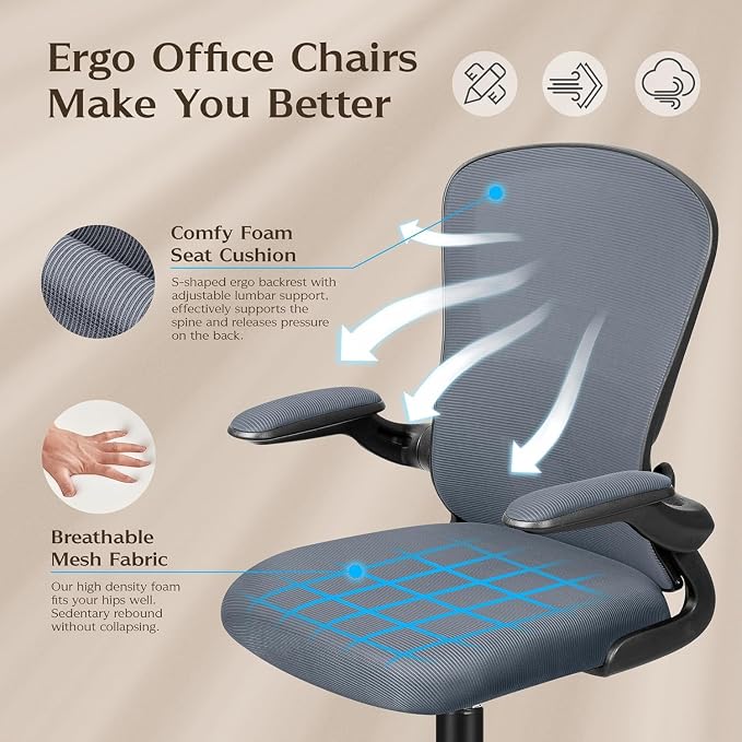 FelixKing Office Desk Chairs, Ergonomic PC Desk Chair with Wheels, Adjustable Lumbar Support and Height, Swivel Computer Chair with Flip-up Armrests, Ergo Mesh Backrest for Working(Dark Gray)