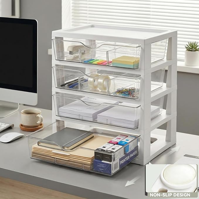 novelinks Drawer Organizer, 4-Tier Paper Organizer Drawers with Dividers | Plastic Desk Organizers and Accessories with Drawers, Under Desk Drawer, File Organizer for Desk, Office Supply Organizer