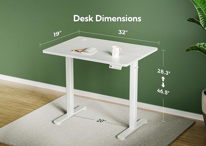Claiks Electric Height Adjustable Stand Up Desk, 32x19 Inches Sit Stand Desk for Home Office, White Top/White Frame