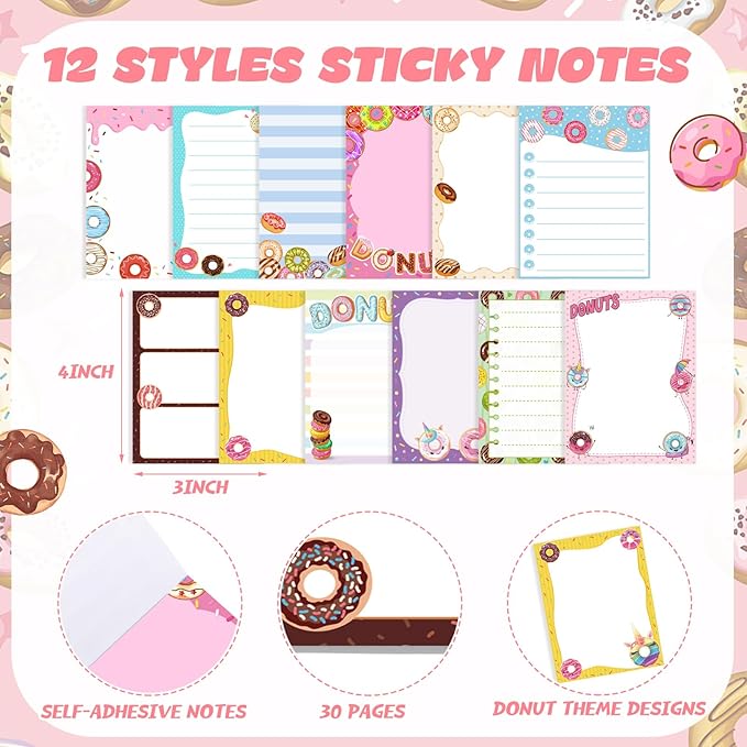 12 Pieces Cute Sticky Notes Gifts Donuts Sticky Notes Donut Party Favors 3x4 Inch Fun Kawaii Adhesive Notepads Cartoon Memo to Do List for Birthday Return Gifts Reward Office Home Supplies