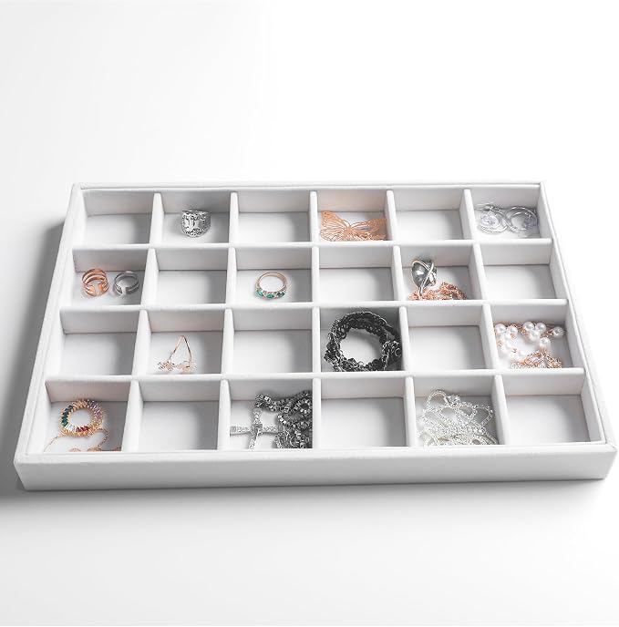 Jewelry Trays for Drawer,Set of 4 Jewelry Organizer and Storage | Velvet Material,Stackable,Adjustable Dividers,Drawer Inserts for Rings Studs Bracelet,Earring Organizer for Women Girls