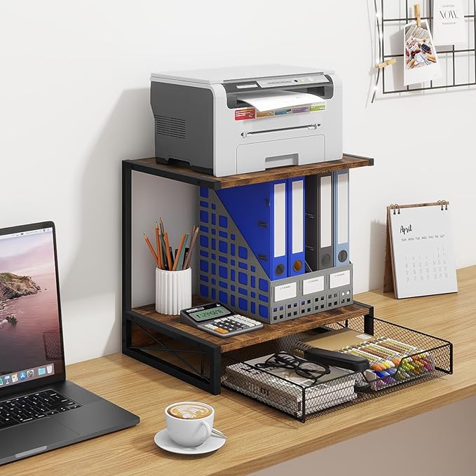 ELITEROO 2-Tier Desk Printer Stand with Storage Drawer, Wood Printer Stand | Small Printer Table with Shelf for Desktop, for Home Office, Fits Fax Machine, Scanner, 3D Printer, Rustic Brown