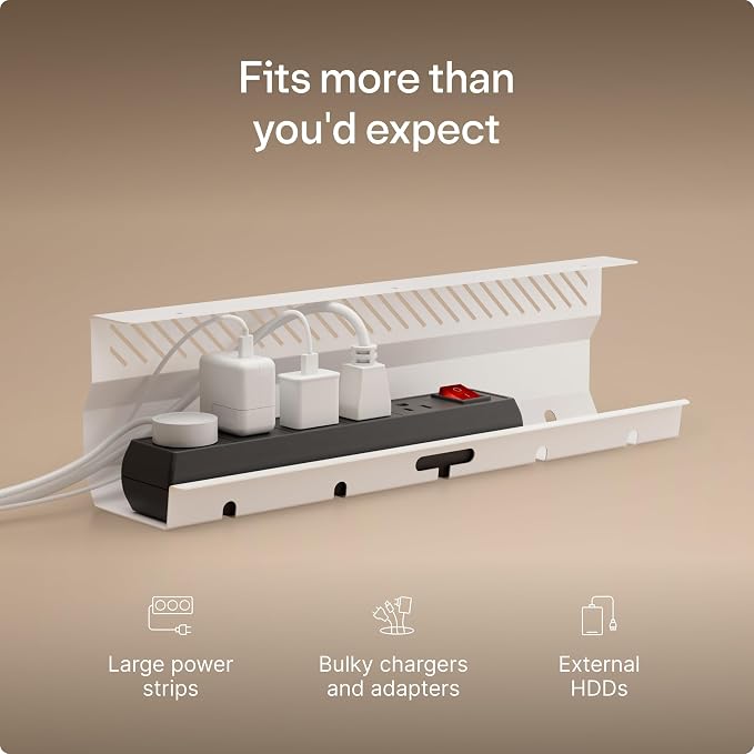 Desktronic Cable Duct Desk White Set of 2 - Stainless Steel Cable Management Desk Cable Duct with 5 Cable Cut-Outs - Easy to Install Cable Organiser - Cable Holder