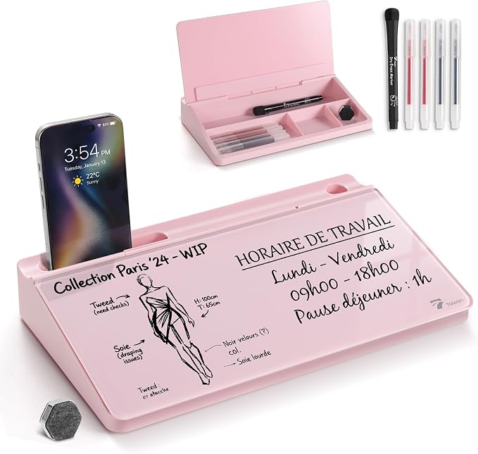 TOWON Small Compact Glass Desktop Whiteboard with Storage – 12 x 7 in Dry Erase Board for Desk, Home Office, School | Includes 5 Markers, Eraser & Holder | Space-Saving Organizer, Aesthetic Pink