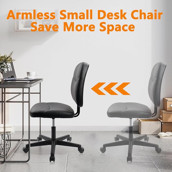 CLATINA Armless Home Office Chair,Small PU Leather Ergonomic Low Back Desk Chair with Lumbar Support and Wheels, Adjustable Height 360° Swivel Rolling Computer Task Chair, Black, 6 Pack