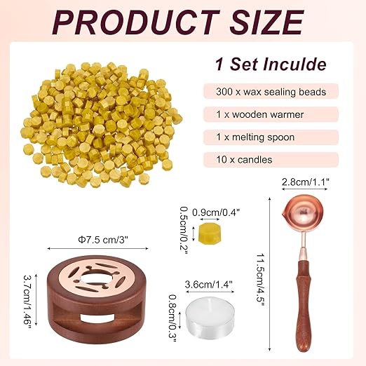 PATIKIL Wax Seal Kit, 300 Pcs Wax Sealing Beads, Wooden Warmer, Melted Spoon, 10 Pcs Tealight Candles for Envelope Letter Mailing Crafts DIY, Bright Yellow