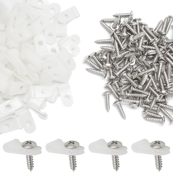 100 Pcs 1/8 Inch White Nylon Cable Clip Wire Clamp | R-type Screw Mounting, 3.3mm, Wire Management, Stainless Steel Screws Included