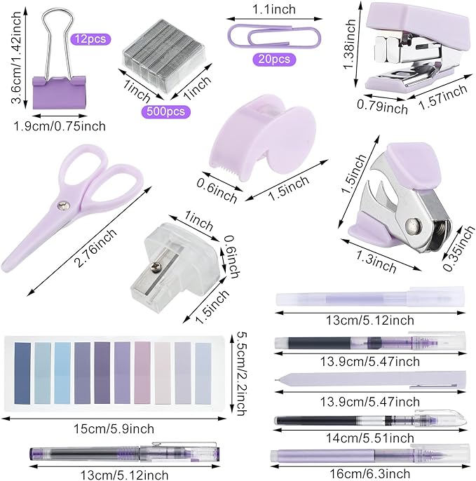 Colarr Mini Office Supply Kit Include Stapler Tape Dispenser Staple Remover Paper Clip Scissor Staple Pen Sharpener Note Small Telescopic Knife for Office Back to School Supplies Student Clerk(Purple)