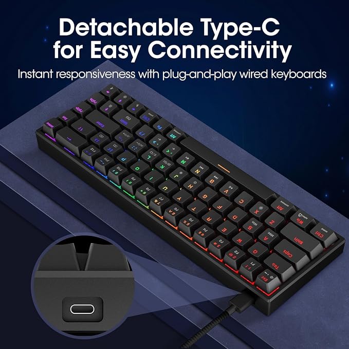KOORUI 60% Mechanical Gaming Keyboard, Mixed Colors LED Backlit Ultra-Compact 68 Keys, Mini Wired Keyboard with Blue Switch for Windows Laptop PC/Mac OS/Xbox
