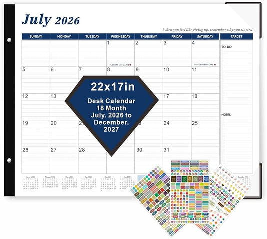 2026 Desk Calendar Large 22x17 Inches,Large Desk Calendar 2026-2027,18 Month,Suitable For Home,School Or Office,With Plastic Cover,Monthly Calendar(Blue)