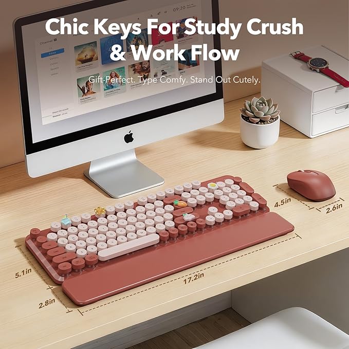 Wireless Keyboard and Mouse Combo, Wine Red Retro Typewriter-Style Keyboard with Round Keycaps and Magnetic Wrist Rest, 2.4G USB Wireless for Windows PC Laptop Desktop, Home Office School Essentials