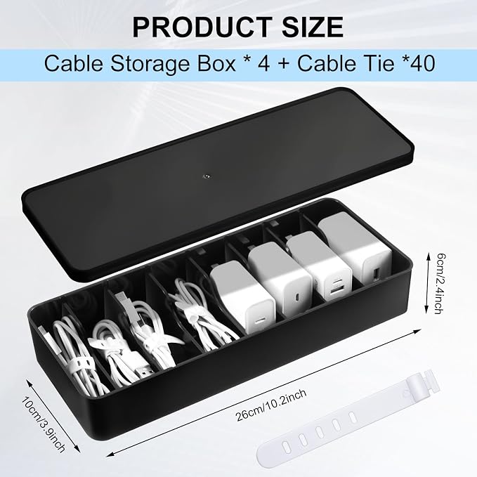 Tatuo 4 Pcs Cord Organizer for Drawer Desktop, Cable Organizer Box with 8 Compartments and Wire Ties, Plastic Charger Storage with Lid, Electronics Case for Home Office Accessories (Small,Black)