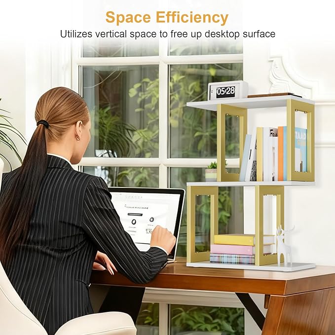 BOHDK Book Shelf, 3-Tier Small Bookshelf for Desk Organizer Corner Bookshelf Table Top Shelving, White & Gold Decor Aesthetic Desk Hutch for Office Home Dorm