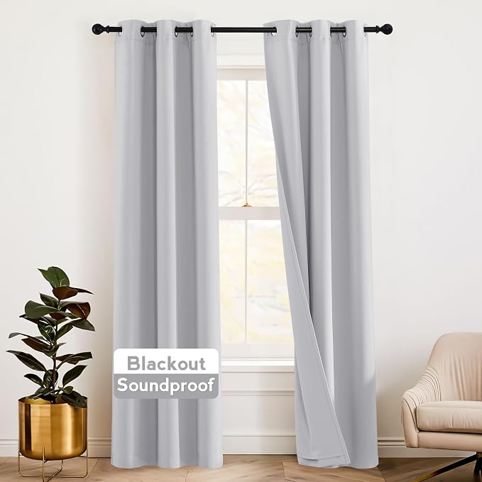RYB HOME Soundproof Curtains for Living Room, Totally Blackout Window Drapes Inside Felf Linings Insulted Heat Cold Noise Shade Drapes for Bedroom, W 42 x L 84 inches, Sliver Grey, 2 Pcs