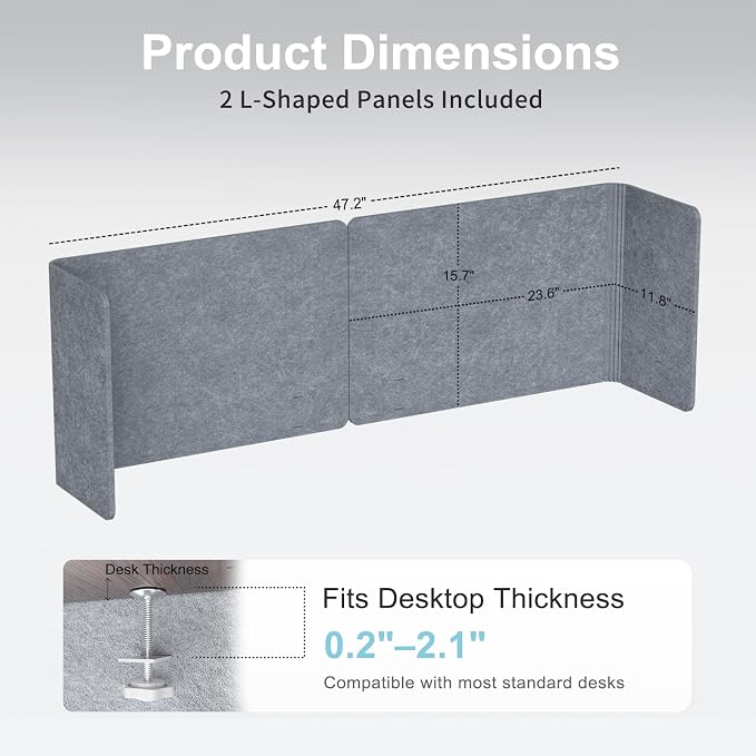 Desk Privacy Panel,2PCS L-Shaped Clamp-On Office Desk Divider,2-in-1 Adjustable Acoustic Desktop Partition Or Under Desk Modesty Panel,for Office,Home,Felt (Grey, 47.2" x 15.7")