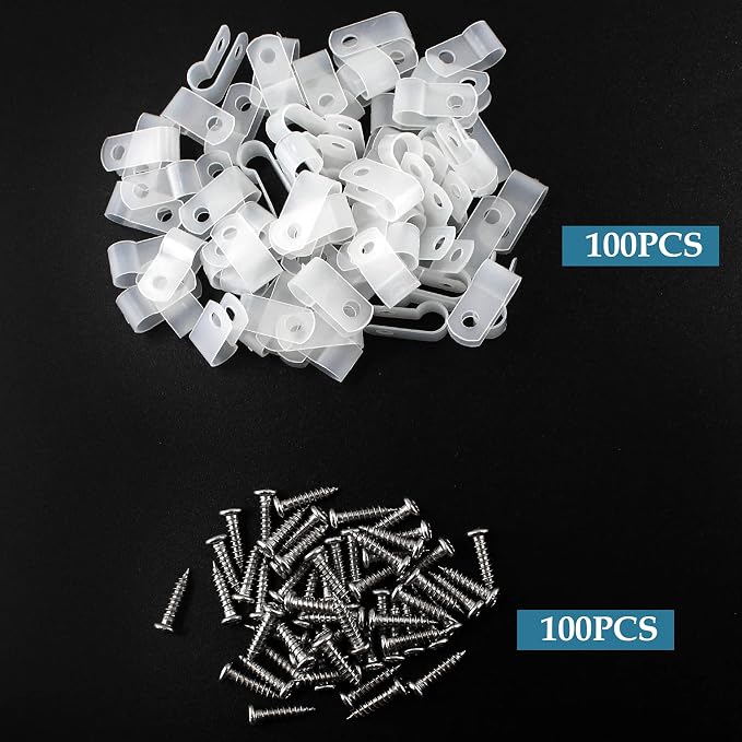 1/4 Inch R-Type Clip Clamp, 100 Pcs | Nylon P-Type Mounting Clips, Cable & Wire Management, Stainless Steel Screws Included