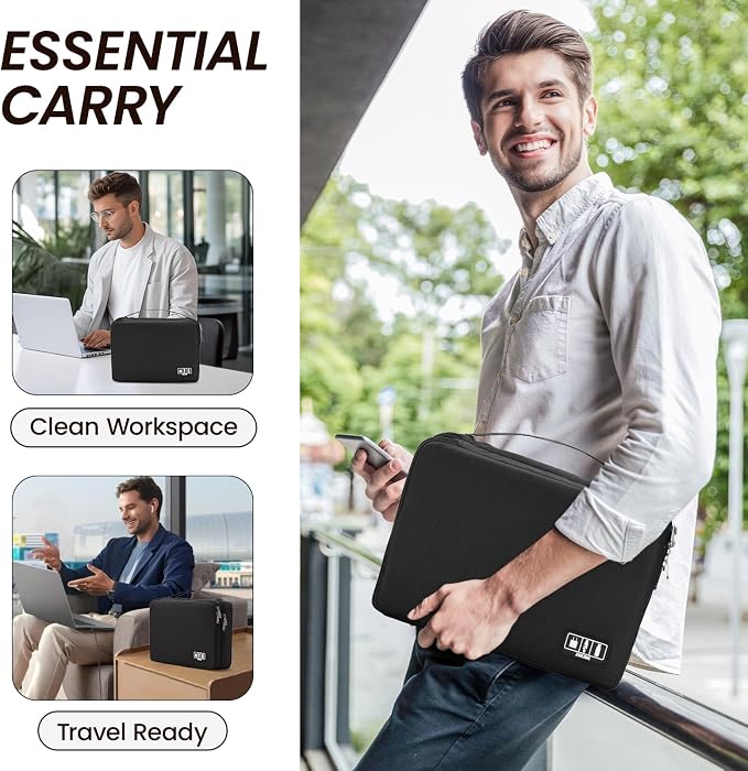 Large Electronic Organizer Travel Case, Double Layer Tech Accessories Bag with 3 DIY Adjustable Dividers, Waterproof Padded Cable Storage Pouch for Camera Gear, Power Bank, Hard Drive, Mouse