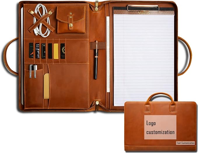 Genuine Leather Portfolio, Padfolio Organizer with Handle, Personalized Padfolio，Padfolio with Zipper for Men Women，Suitable for 15-inch Laptop Legal Pad Padfolio, Brown