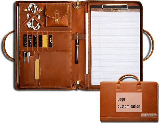 Genuine Leather Portfolio, Padfolio Organizer with Handle, Personalized Padfolio，Padfolio with Zipper for Men Women，Suitable for 15-inch Laptop Legal Pad Padfolio, Brown