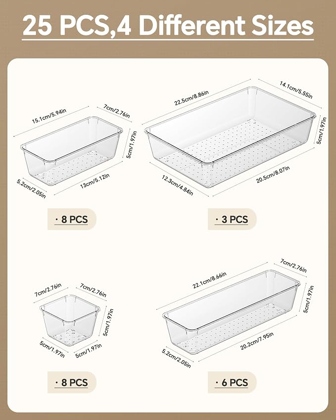 KEMETHY 25 PCS Plastic Drawer Organizers Set, 4 Sizes Vanity Organizer, Makeup and Desk Drawer Organizer Trays, Organization and Storage for Makeup, Bathroom, Kitchen Utensils and Office (Clear)