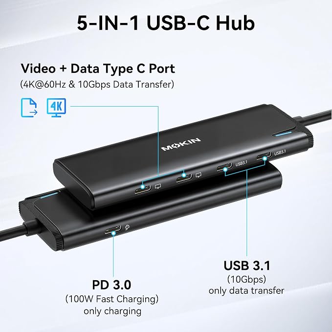 USB C to USB C Hub Dual Monitor, USBC Splitter with 4K@60Hz DP Alt Mode Video Output, 10Gbps Data Transfer, 100W PD Charging, Dual Monitors Adapter for Laptop, Portable Monitor and More Type C Devices