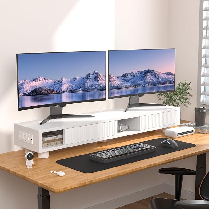 Artswish 42" White Dual Monitor Stand with Power Outlet & Storage Drawer | 42" Monitor Riser for Home Office, Built-In Power Outlet, Hidden Storage & Darwer, Adjustable Height