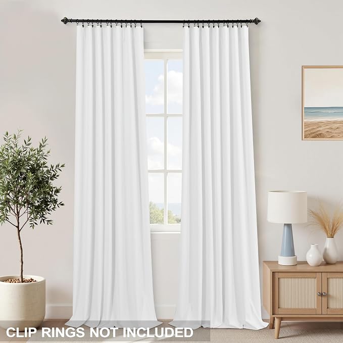 KOUFALL White Back Tab Linen Blackout Curtains 92 Inches Long