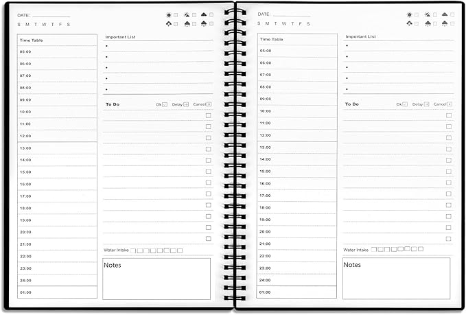 Daily Planner Undated, To Do List Notebook with Hourly Schedule, Time Management Manual and Planner, Personal Organizers, 5.2"x7.5", 75 Sheets/150 Pages, Black