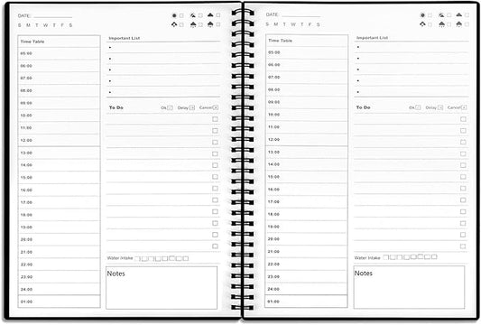Daily Planner Undated, To Do List Notebook with Hourly Schedule, Time Management Manual and Planner, Personal Organizers, 5.2"x7.5", 75 Sheets/150 Pages, Black