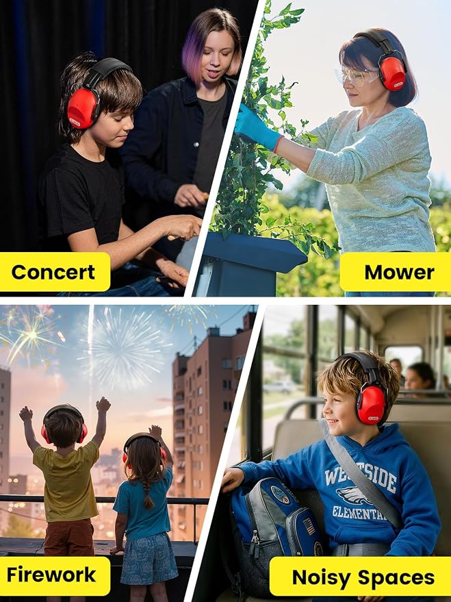 Dr.meter Ear Muffs for Noise Reduction: SNR27.4 Noise Cancelling Headphones for Kids with Adjustable Headband - Noise Cancelling Ear Muffs for Monster Jam, Football Game, Fireworks and Air Shows - Red