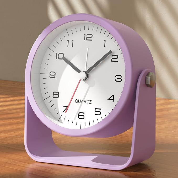 AYRELY® 3.5" Small Analog Travel Alarm Clock, Battery Operated Desk Clock | Cute Table Clock with Light, Adjustable Angle, Bedside, Bedrooms, Kids' Rooms and Living Room Decor (Purple)