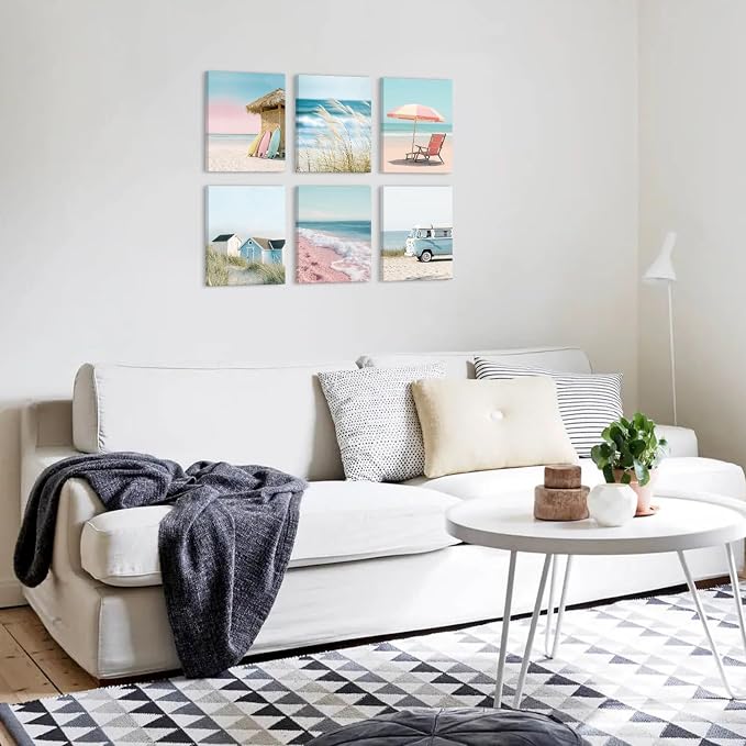 CHDITB Coastal Beach Pastel Framed Canvas Wall Art, Ocean Summer Scenery Artwork, Boho Seaside Cottage Wall Decor, Pink Sand Wave Beach Hut Art Prints For Living Room Bedroom Decor 8”x10”x6