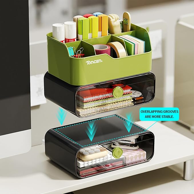 Desk Organizer with Drawers & Divided Compartments, Stackable Desktop Storage Caddy for Makeup and Office Stationery (Black)