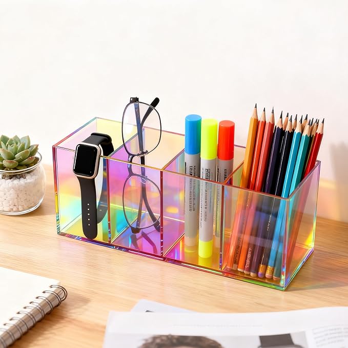 Pen Holder for Desk Neon Acrylic Pencil Holder Cup Makeup Brush Storage Organizer for Vanity, Iridescent