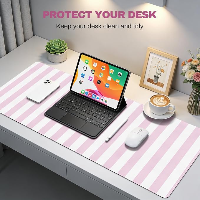Pink Striped Desk Mat Cute Large Mouse Pad Kawaii Extended PU Leather Mat for Home Office Desk Decor for Women Cozy Gaming Keyboard Pad 35.4 X 15.7inch