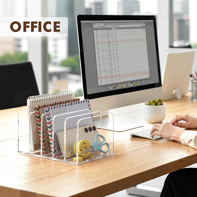 BEYGORM Acrylic Mail Holder, Clear Multifunction Desk Organizer with Divider, Vertical Letter Sorter for Desktop, 5 Compartments Modern Office Home Envelope Organizer for Folder, Document, Notebook