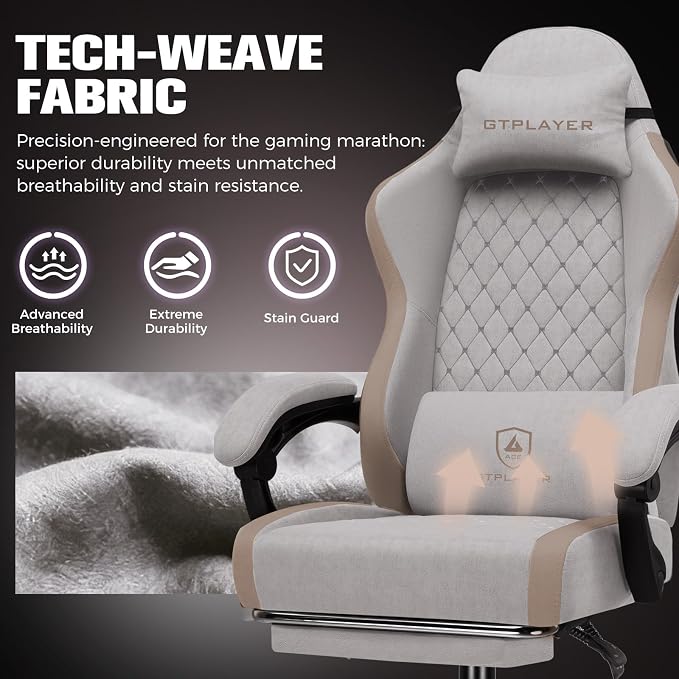 GTPLAYER Big and Tall Gaming Chair 350lbs Heavy Duty Office Chair with Foot Rest,High Back Pocket Spring Ergonomic Computer Chair for Adults,Wide Comfy Seated Cushion with Linkage Armrests,Light Brown