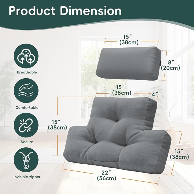 2-Piece Neck Pillow Lumbar Support Cushion for Recliner, Ergonomic High-Density Foam Backrest with Adjustable Headrest, Soft Comfy Back Support for Office Chair, Sofa, Couch, Pain Relief, Gray